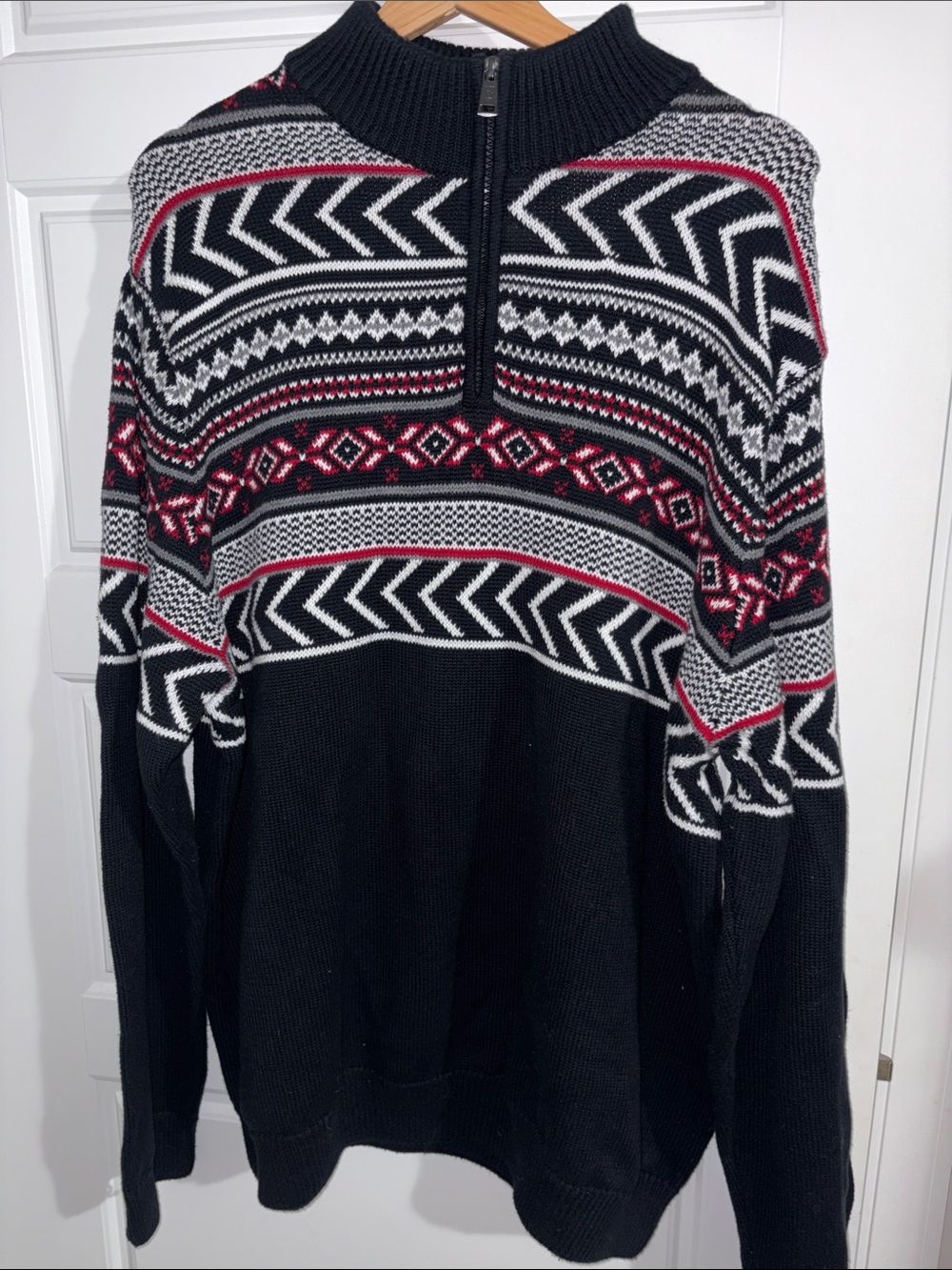 Chaps Black, White & Red Half-Zip Patterned Sweater
